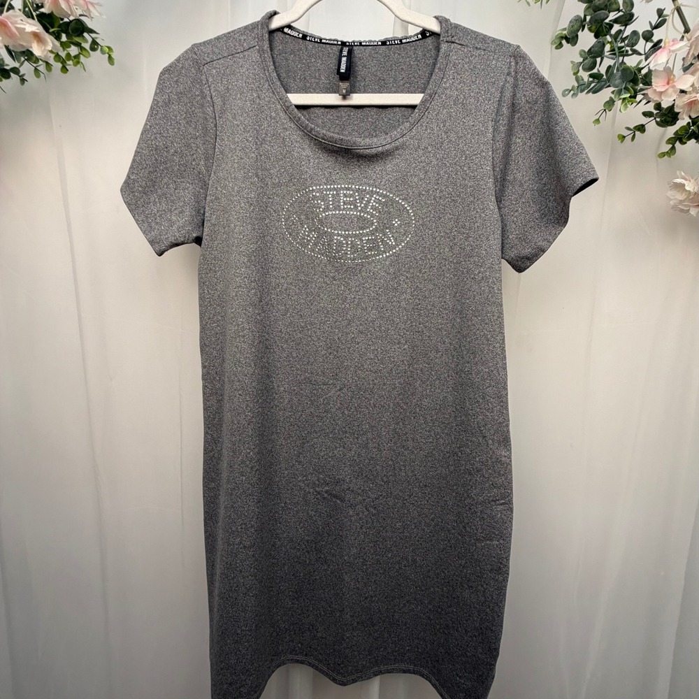 Steve Madden Womens Gray Rhinestone Logo Short Sleeve T-Shirt Dress Medium